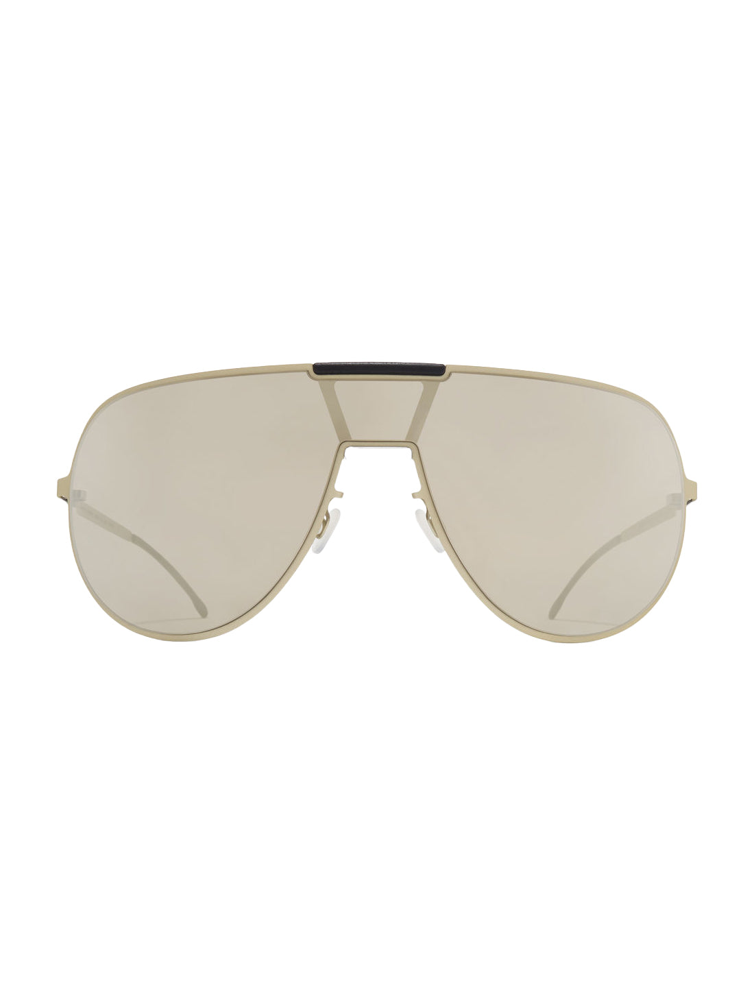 Aviator Sunshield MR005 in Titan/Pitch Black Electrum Mirror by Mykita x Rimowa, front view of oversized single shield aviator sunglasses with ultra-light gold-tone titan frame, geometric Mylon nose bridge clip and warm-toned electrum mirror lenses, made in Germany