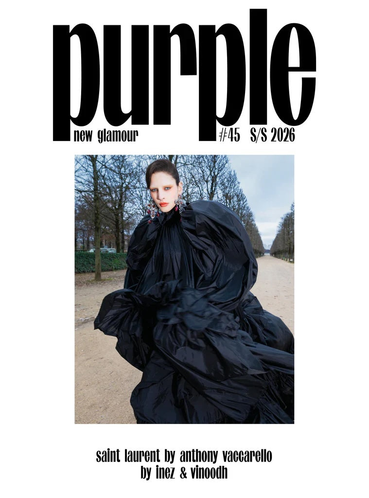Magazine cover for 'Purple' with a model in a black dress and featuring the text 'Saint Laurent by Anthony Vaccarello by Inez & Vinodh'.