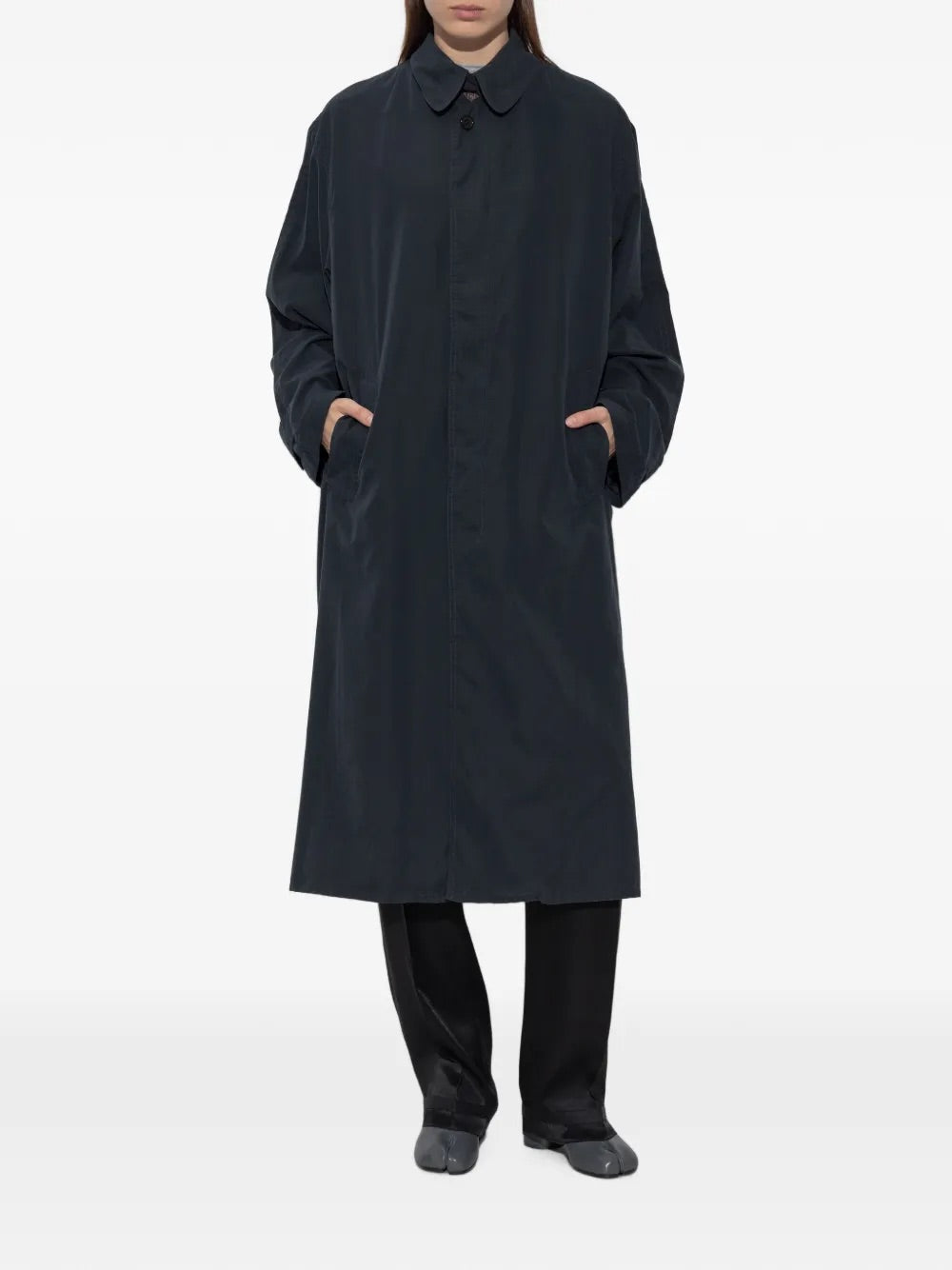 Maison Margiela Peach Trench Coat in Dark Blue front worn view
