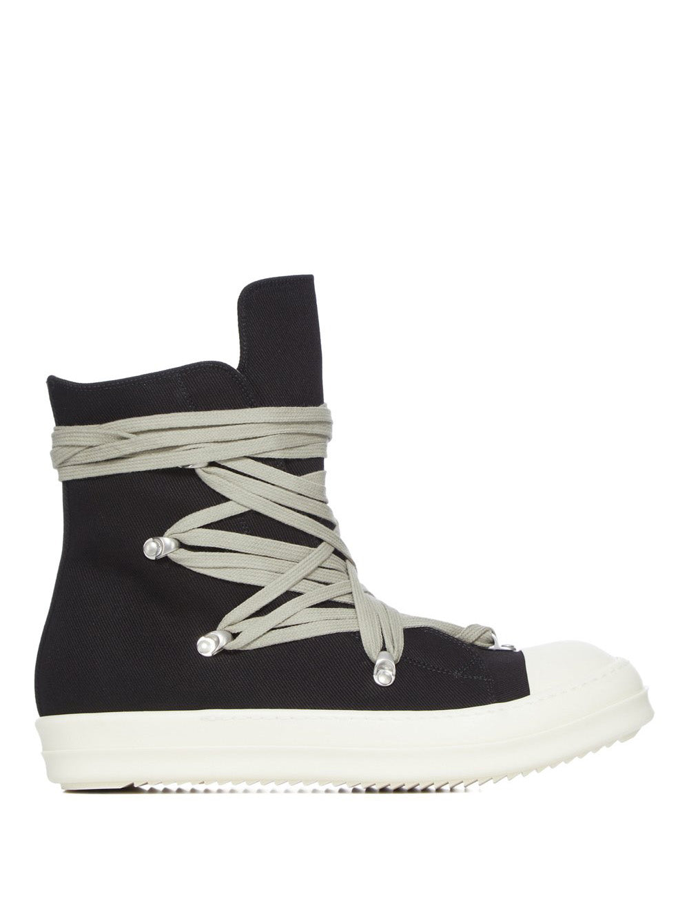 Side profile of the denim Megalace sneakers from Rick Owens DRKSHDW on a white background