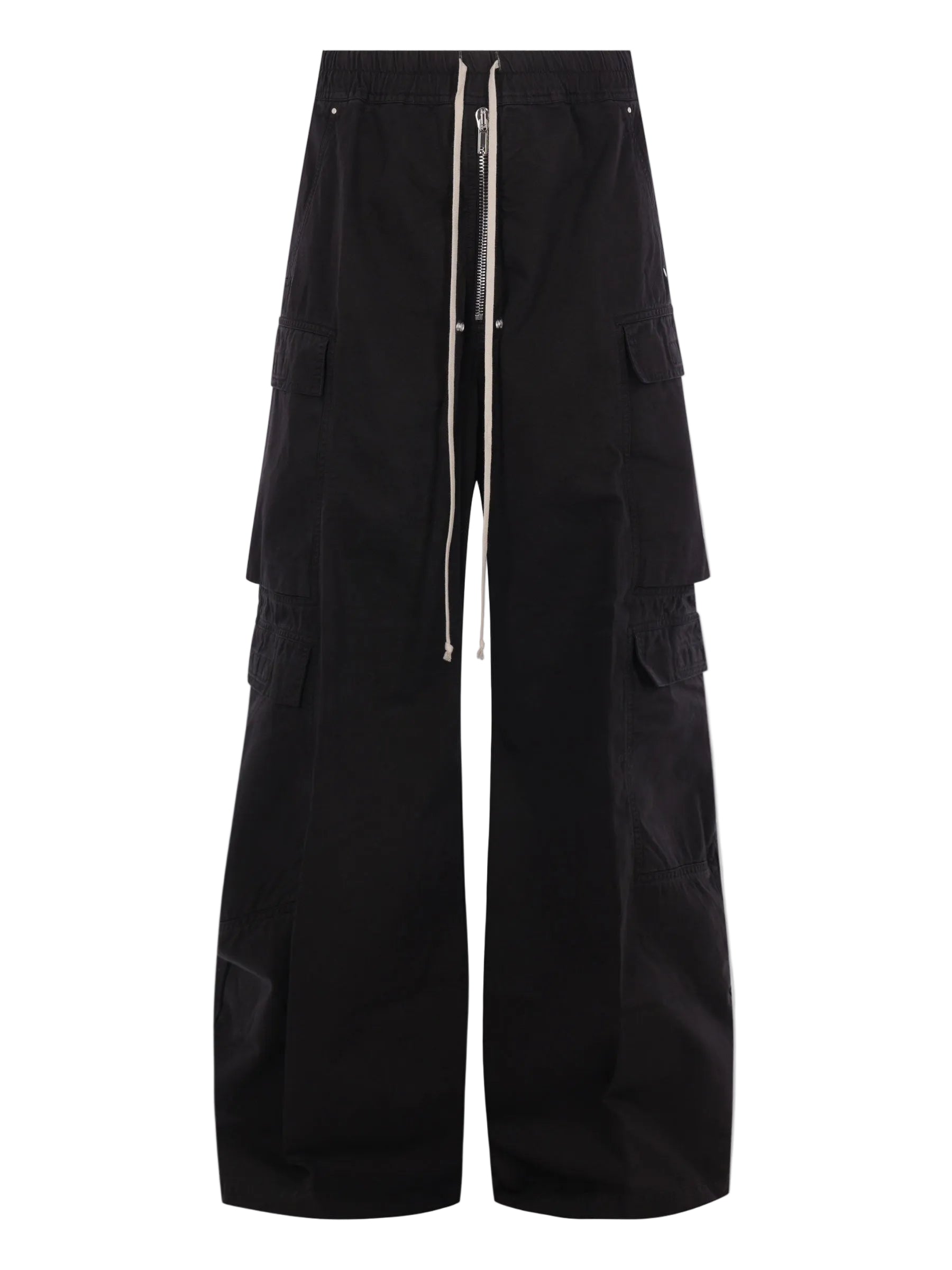 Rick Owens DRKSHDW Double Cargo Jumbo Belas in Black, front product view with wide legs, drawstring waistband and multiple cargo pockets