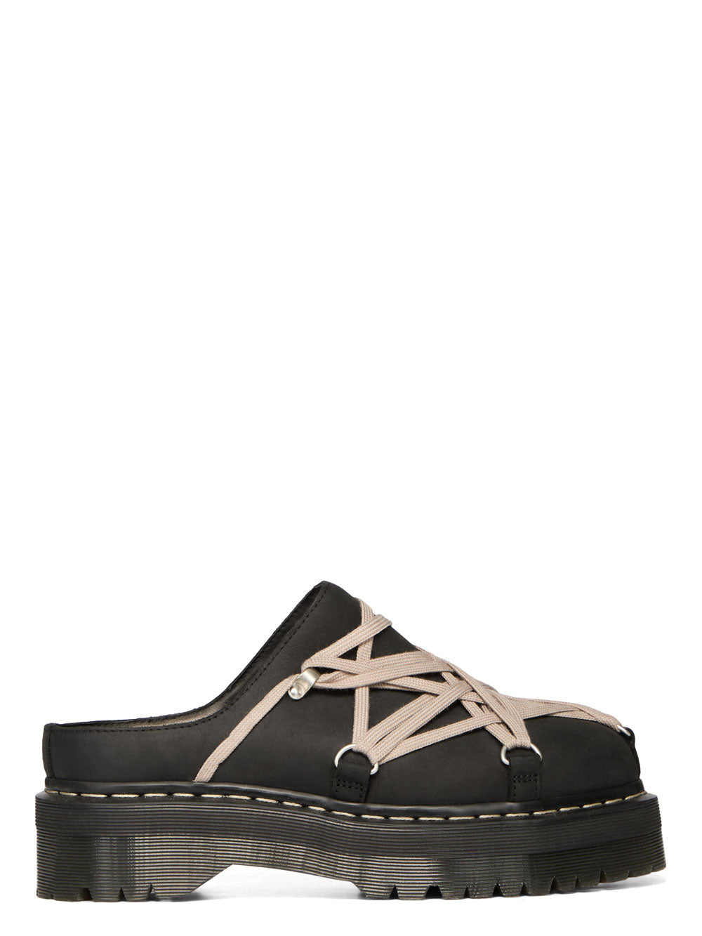 Rick Owens x Dr. Martens Quad Sole Megalace® Mule in black, shown in side profile with pearl lacing and chunky platform sole.