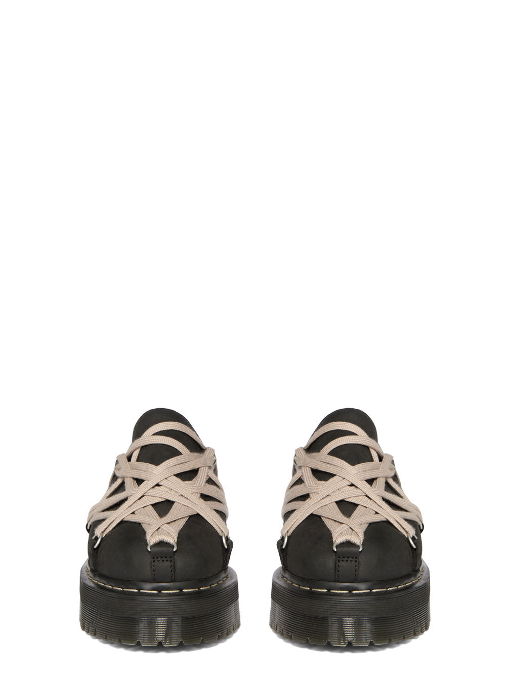 Front view of Rick Owens x Dr. Martens black Megalace® mules with criss-cross pearl lacing and Quad soles.