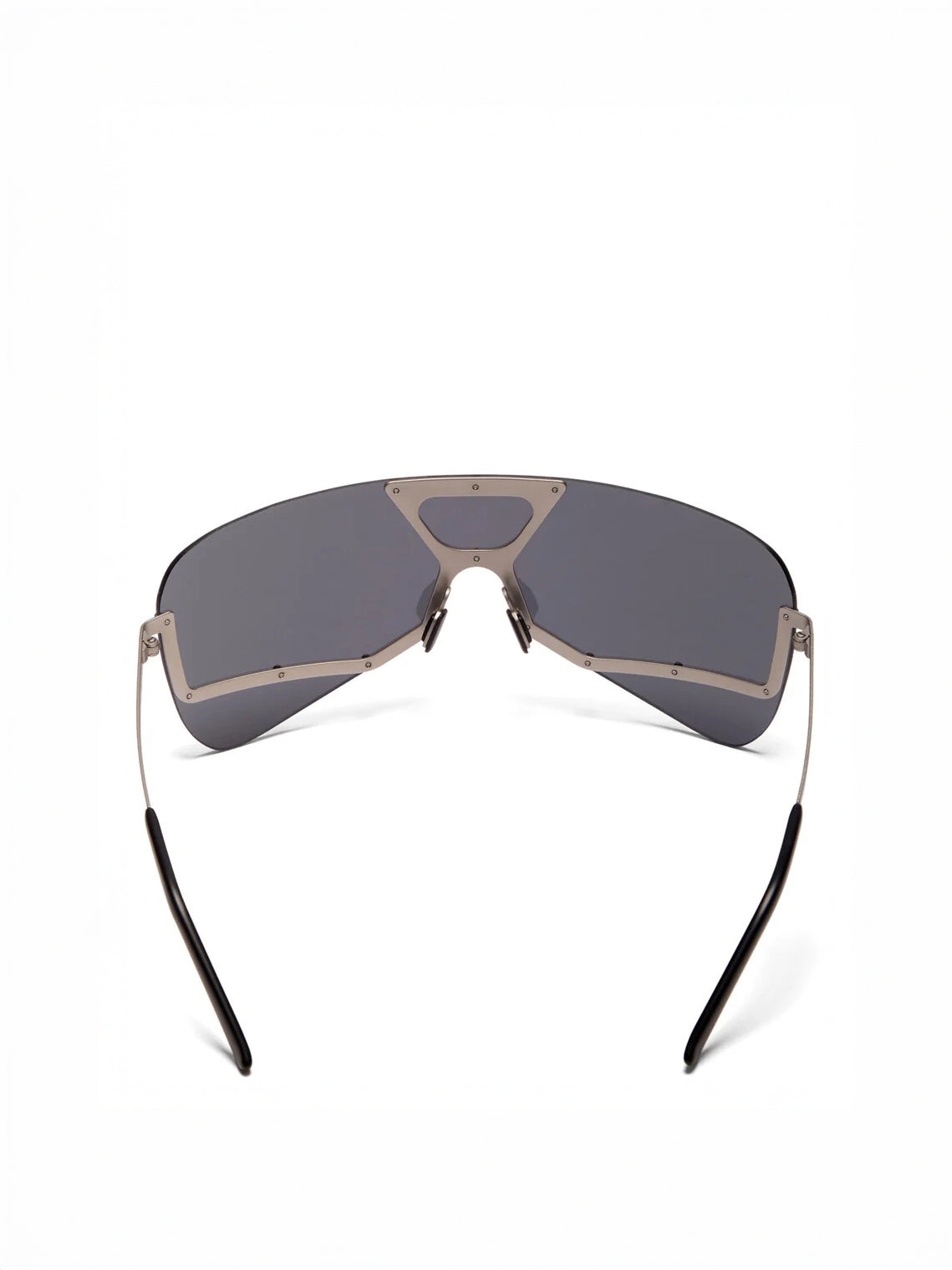 Rick Owens Tower Sunglasses in silver temple and black lens shown from the inside with slim steel arms and rubber nose pads.