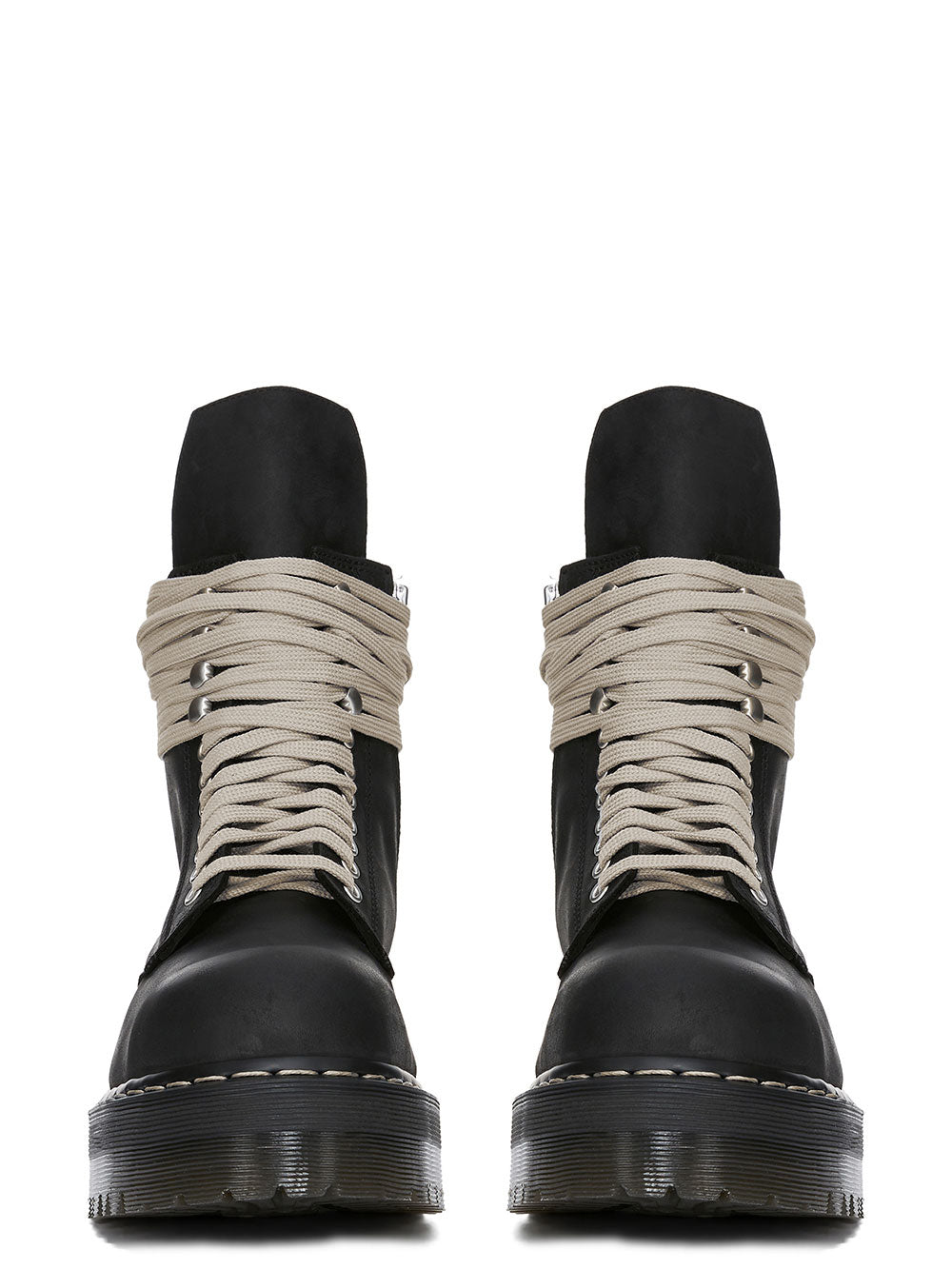 Rick Owens x Dr. Martens FW26 black lace-up boots in front view with wrapped grey laces and metal eyelet details.