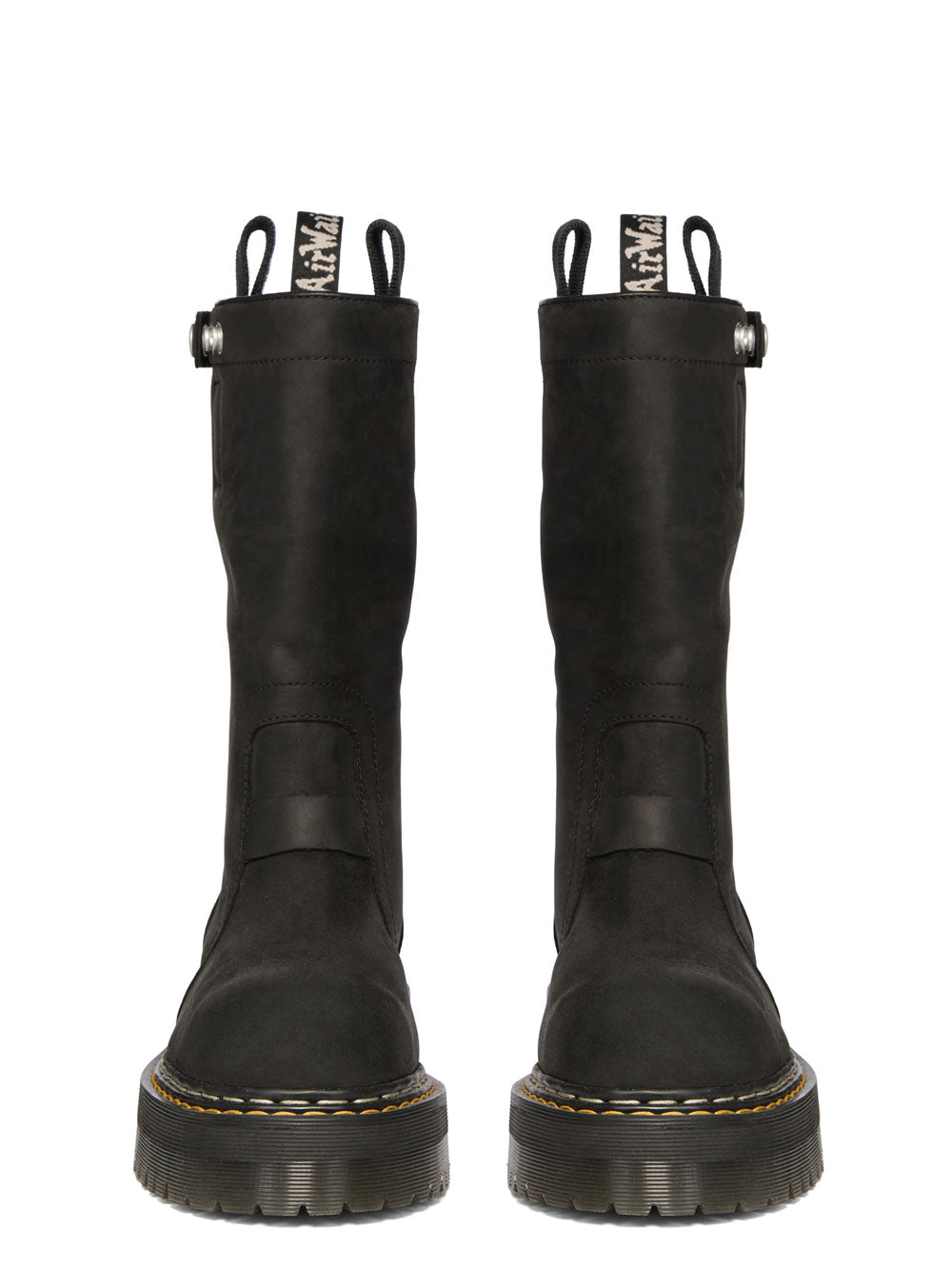 Front view of Rick Owens x Dr. Martens black pull-on boots with tall shafts, pull tabs and chunky Quad soles.