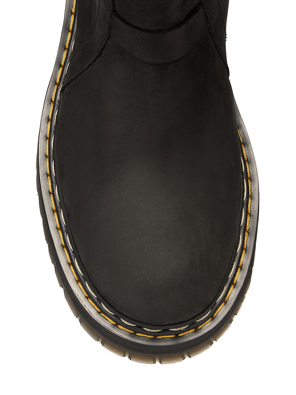 Close-up of the black nubuck toe and contrasting yellow and pearl welt stitching on the Rick Owens x Dr. Martens boot.