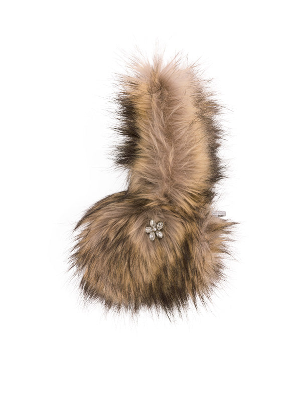Fur-trimmed hare coin purse with decorative brooch on a white background