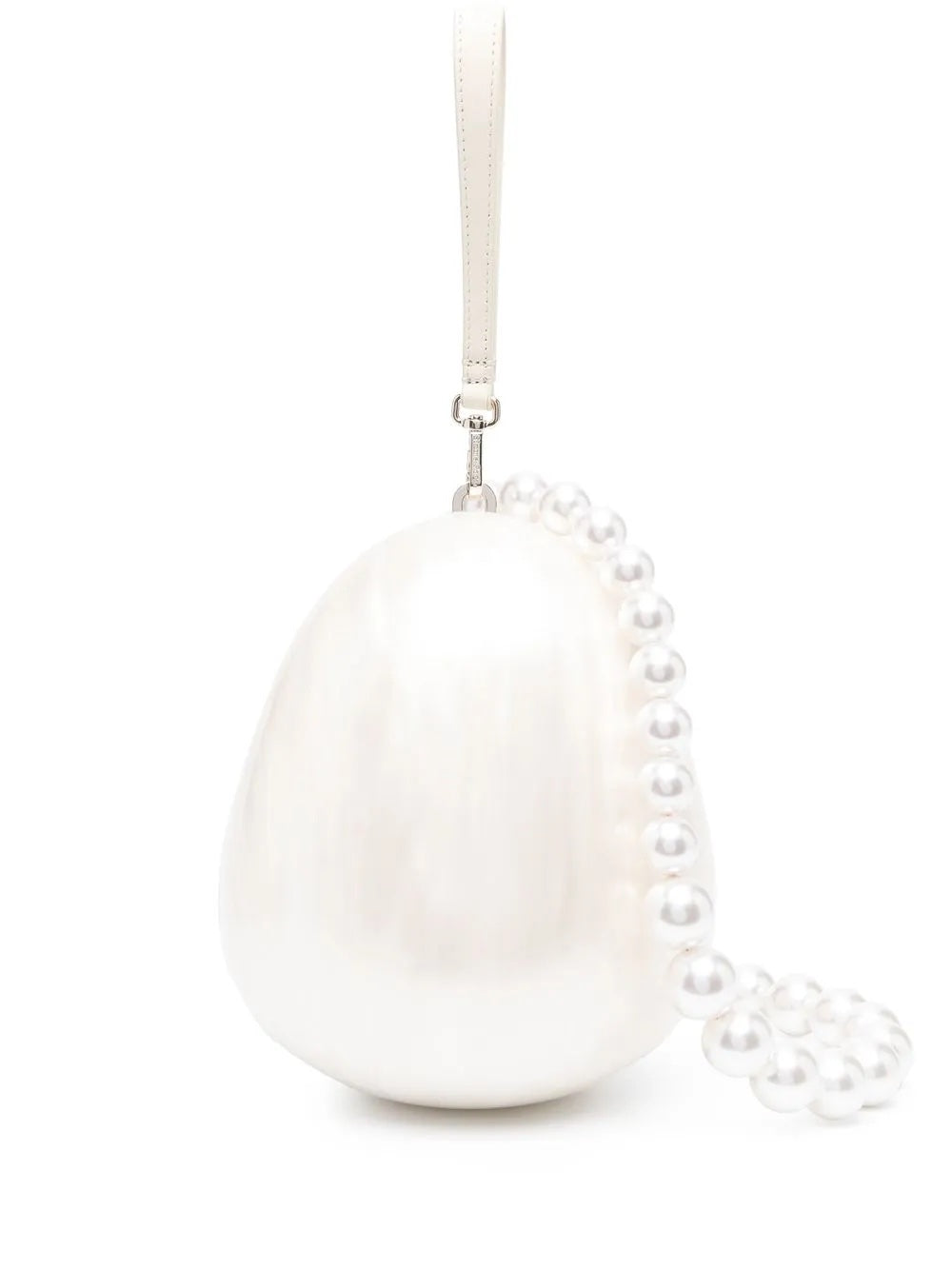 Product image of the Simone Rocha Large Pearl Crossbody Egg Bag in pearl-toned perspex, featuring an egg-shaped silhouette with signature faux pearl embellishment.