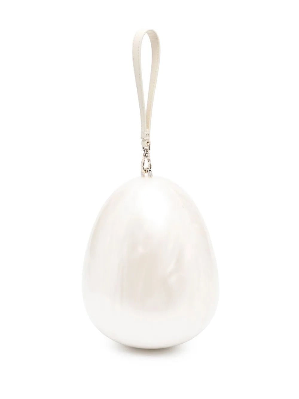 The white egg-shaped bag without the pearl cross-body strap