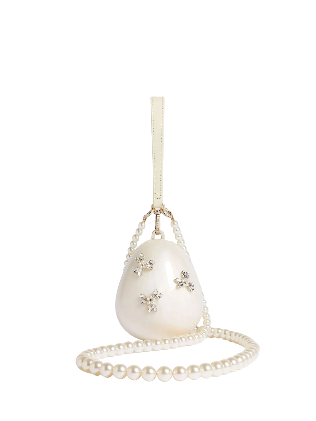 Simone Rocha Pearl Crossbody Micro Egg Bag with sculptural perspex shell, pearl strap, leather wristlet and crystal embellishments.