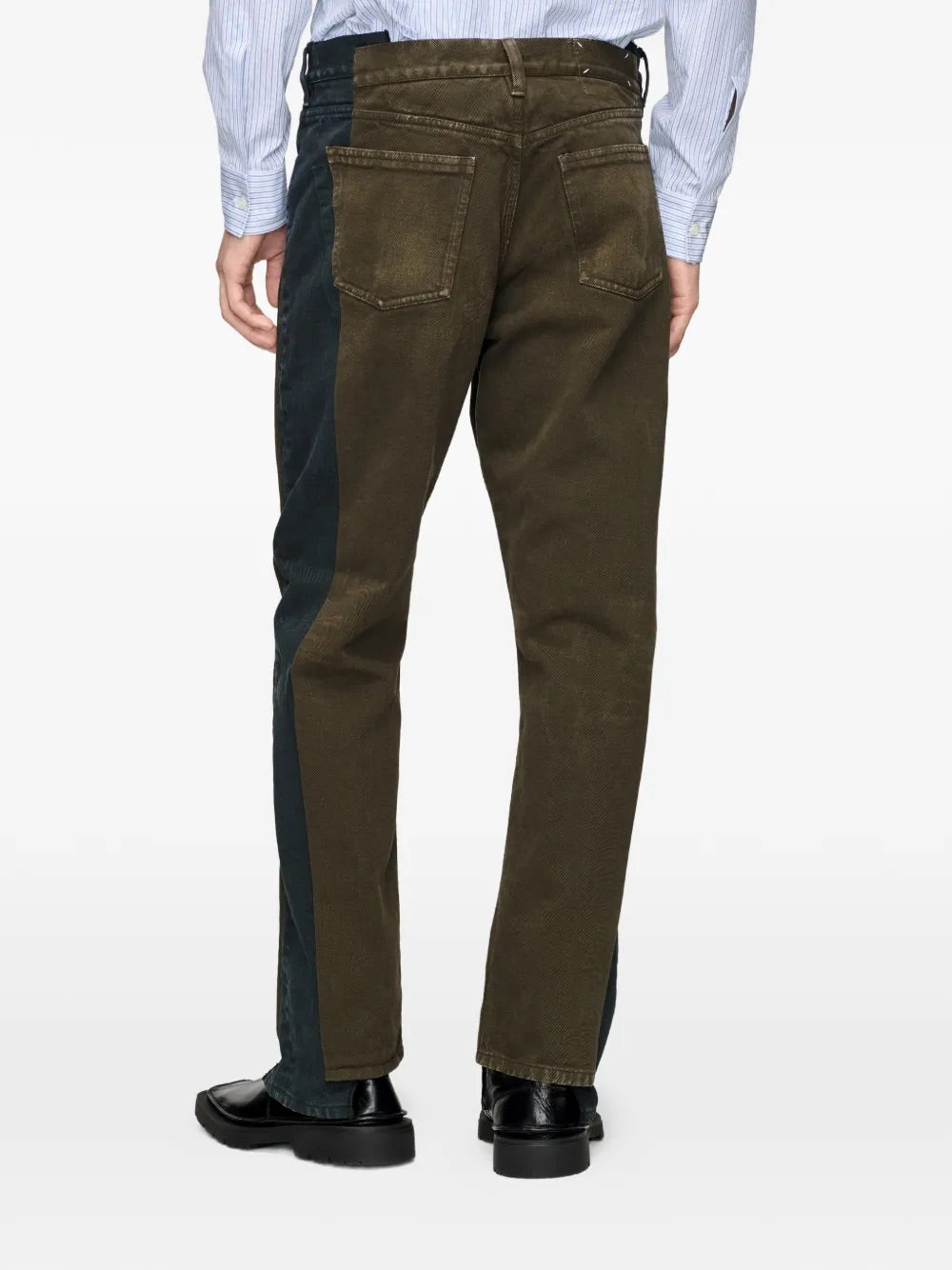 Back view of Maison Margiela Spliced Trousers in Black + Brown
