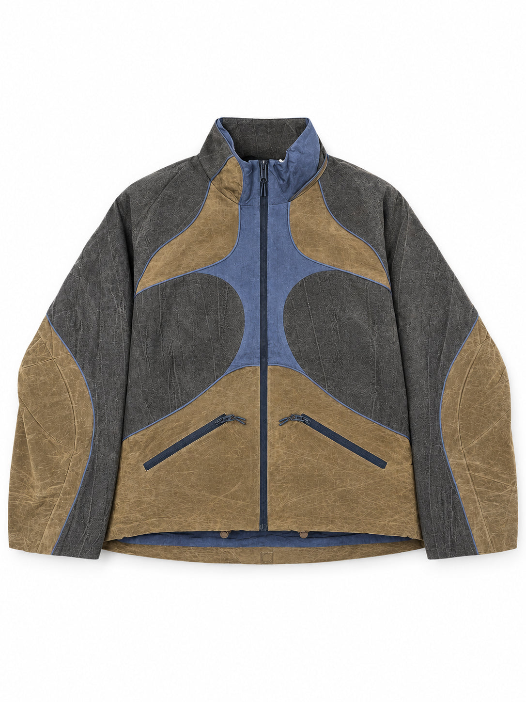 Stamm Exchange Center Vibe Jacket in Grey/Blue/Brown, front view showing the high collar, curved panel construction and zipped pockets.