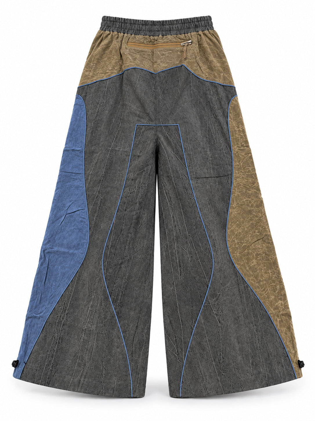 Stamm Exchange Center Vibe Pants in Grey/Blue/Brown, back view showing the panelled construction, zipped back pocket and adjustable hems.