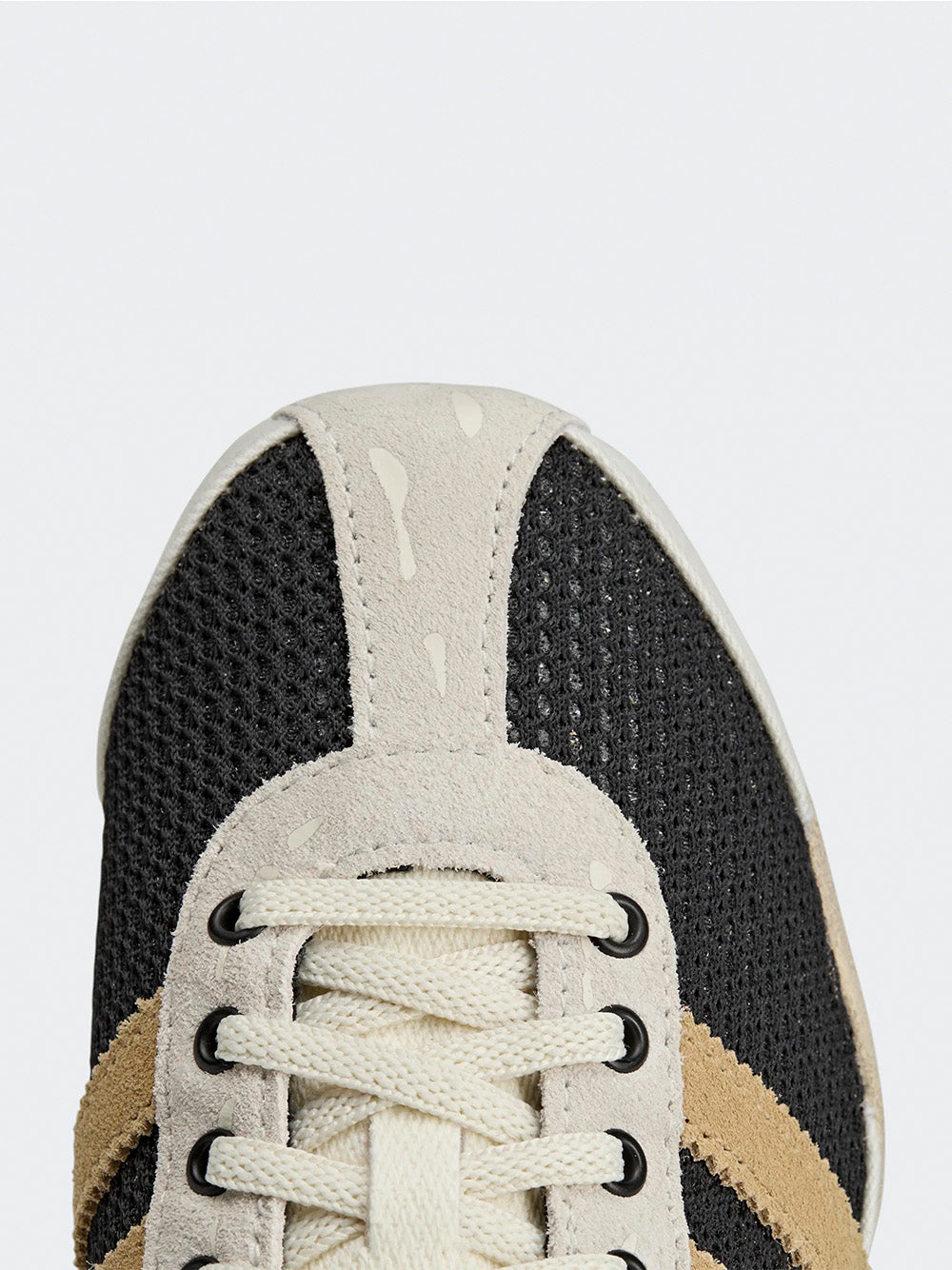 Adidas Tokyo W SFTM in Black/Beige/Gold - front detail view showing black textured toe cap and lace-up closure