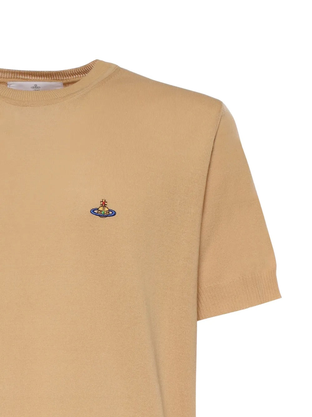 Alex T-Shirt in Sand by Vivienne Westwood, angled front view of relaxed-fit sand cotton t-shirt showing multicolour Orb logo embroidery and ribbed hem detail, Spring/Summer 2026