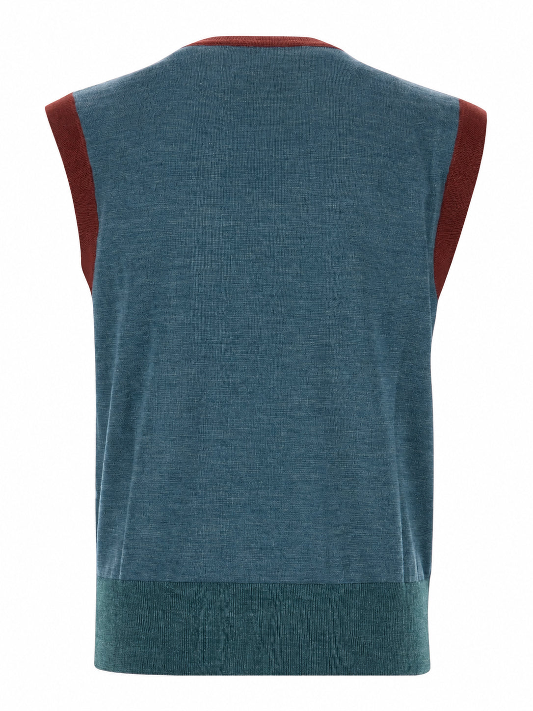 Back view of Vivienne Westwood Argyle Vest in Multi showing blue knit panel, burgundy trim, ribbed hem and sleeveless silhouette