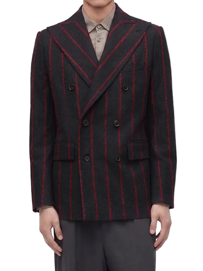 Vivienne Westwood Captain Jacket in Charcoal/Red, worn view showing structured shoulders, sculptural tailoring and red stripe detailing