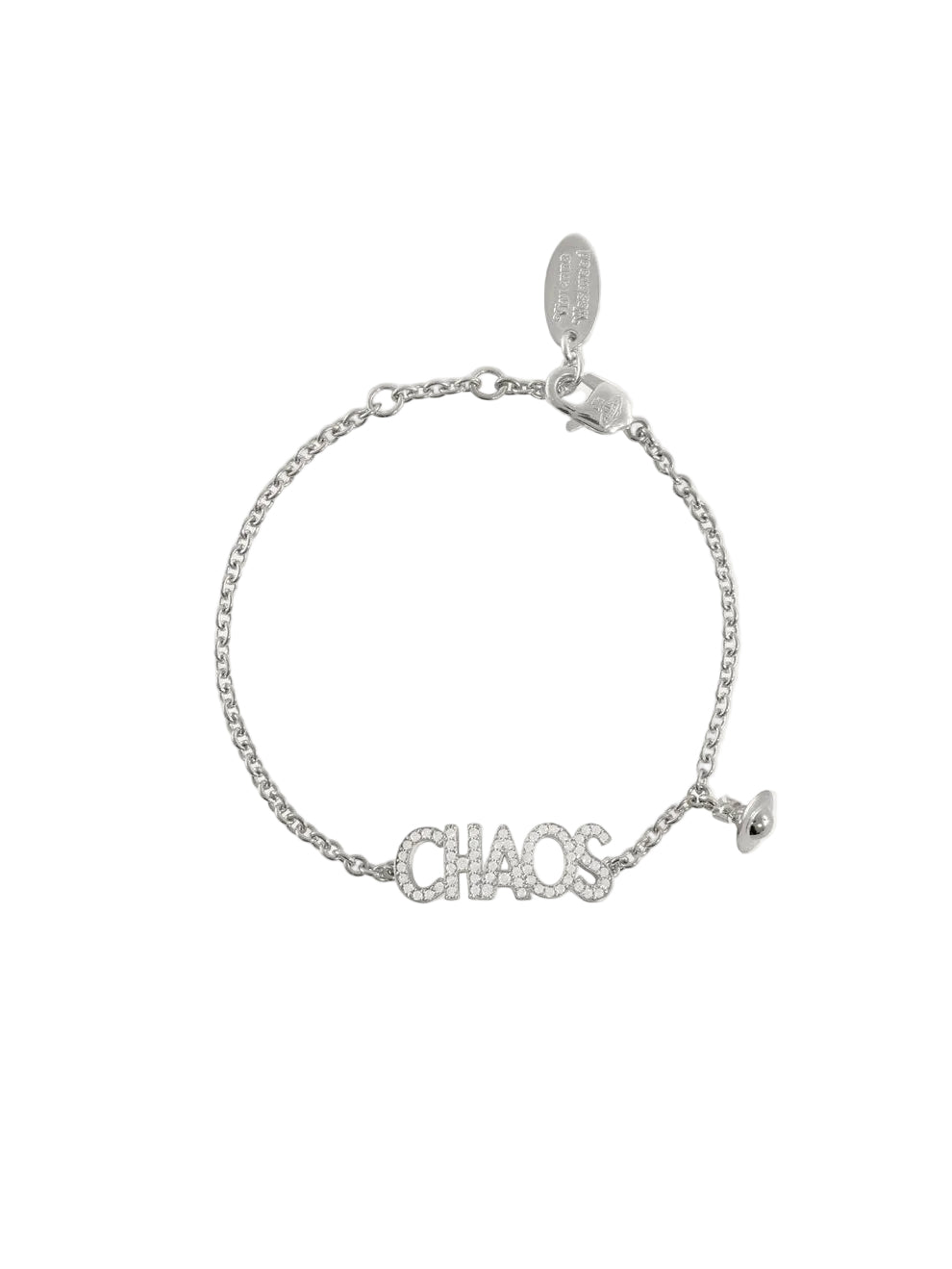 Vivienne Westwood Chaos Bracelet in Platinum with crystal-encrusted CHAOS lettering, Orb charm and adjustable trace chain.