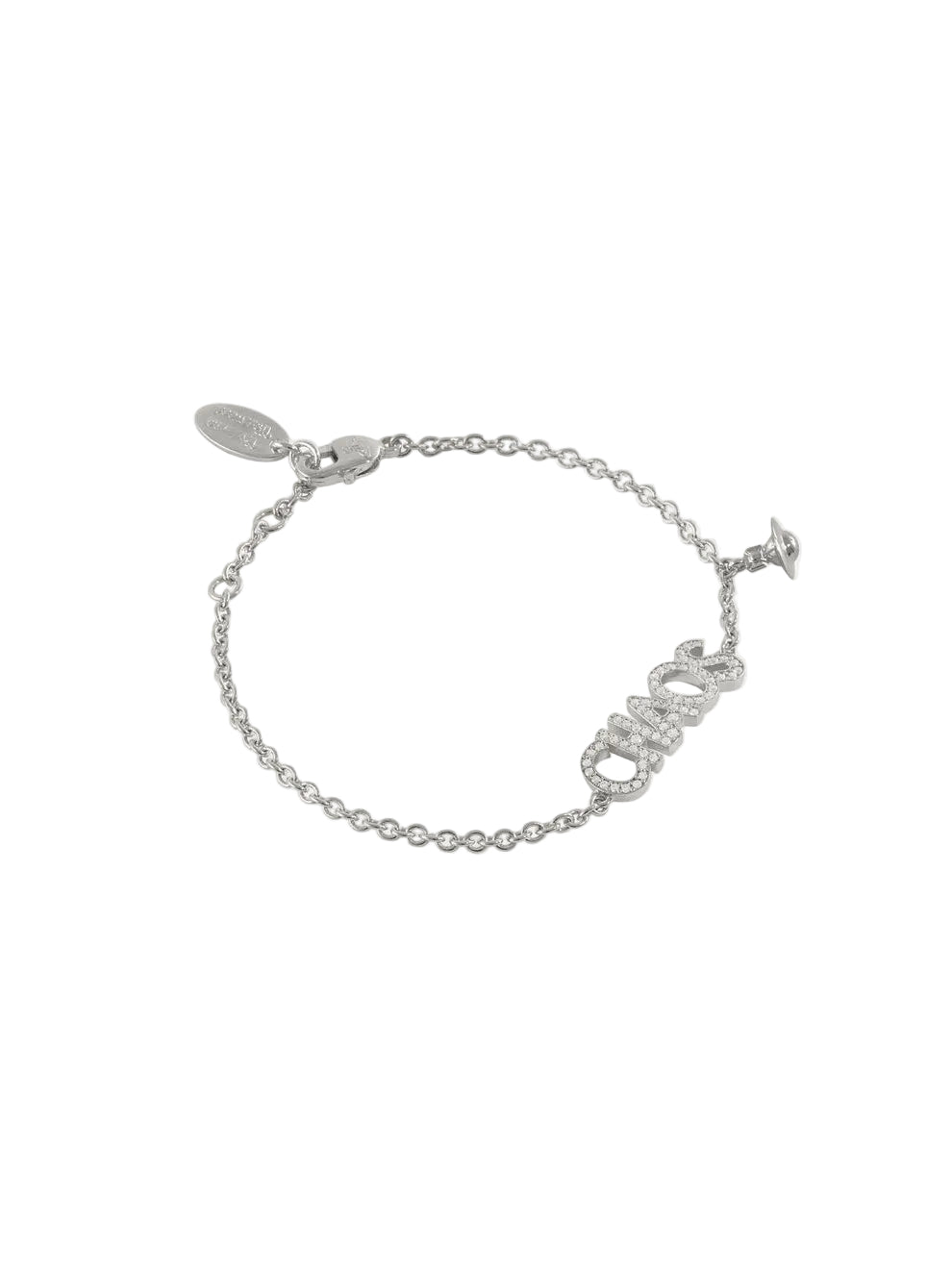 Vivienne Westwood Chaos Bracelet in Platinum shown at an angle with crystal CHAOS motif, Orb charm and lobster clasp fastening.