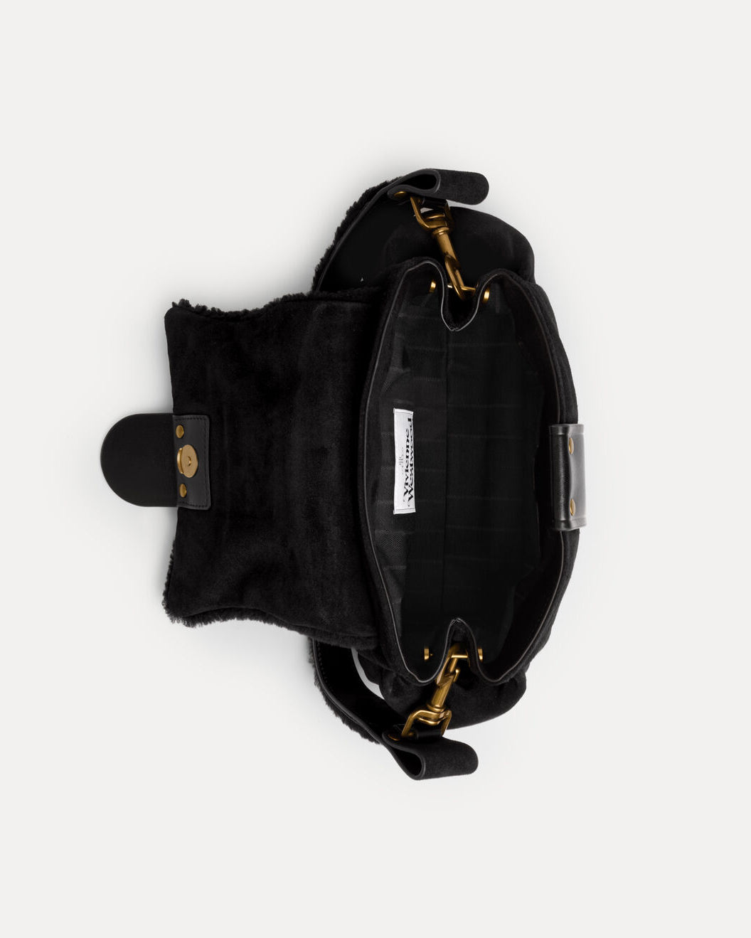 Vivienne Westwood Hazel Treasure Handbag in Black, top view showing the chain strap, magnetic fastening and compact interior.