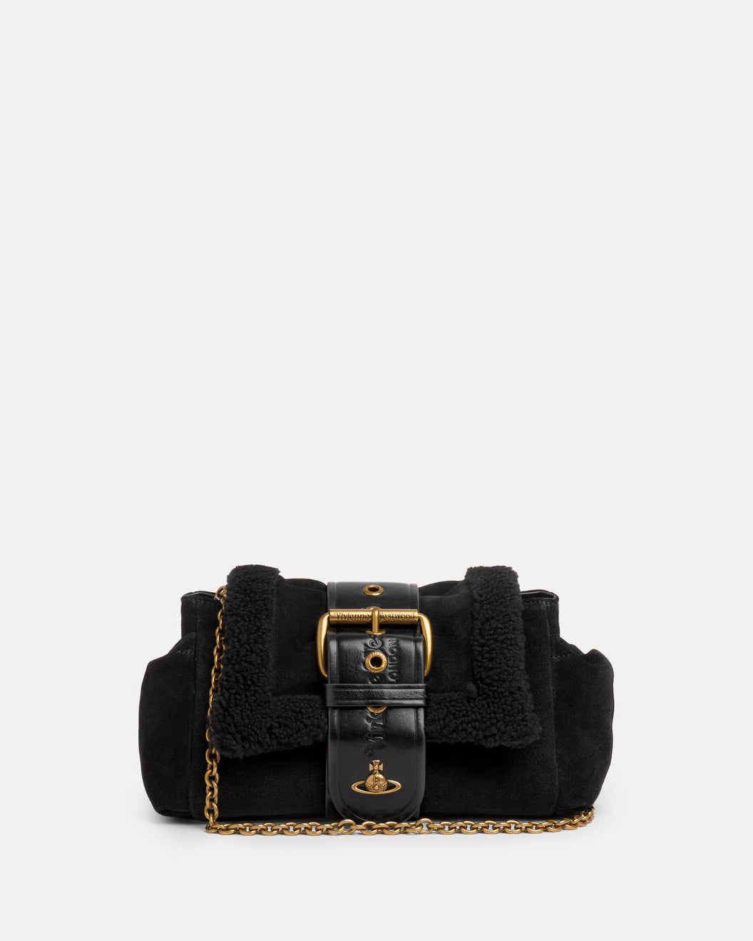 Vivienne Westwood Hazel Treasure Handbag in Black, angled front view with foldover flap, buckle strap and textured finish.