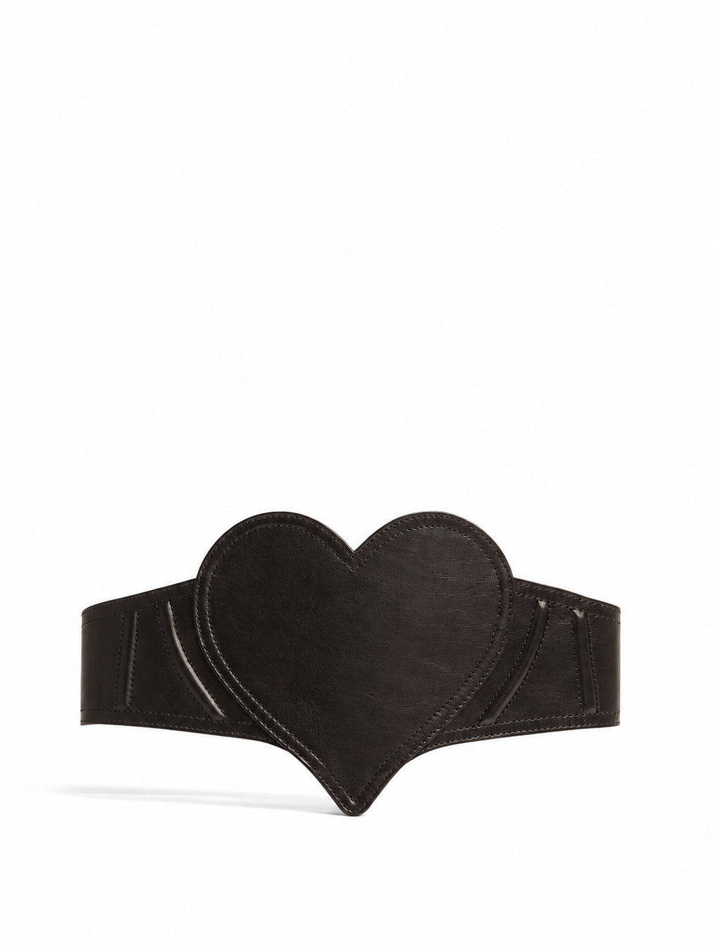 Vivienne Westwood Heart Corset Belt in black leather with sculptural heart-shaped front panel, wide silhouette and tonal stitching