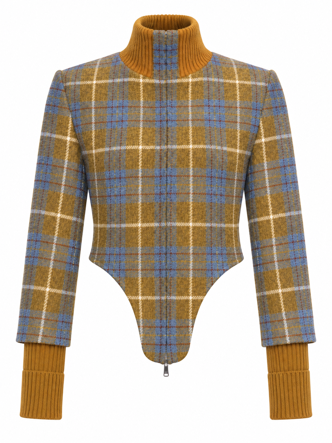 Vivienne Westwood Historical Bomber Jacket in Multi, front view with check virgin wool tweed body, rib-knit turtleneck, extended cuffs and two-way zip closure.