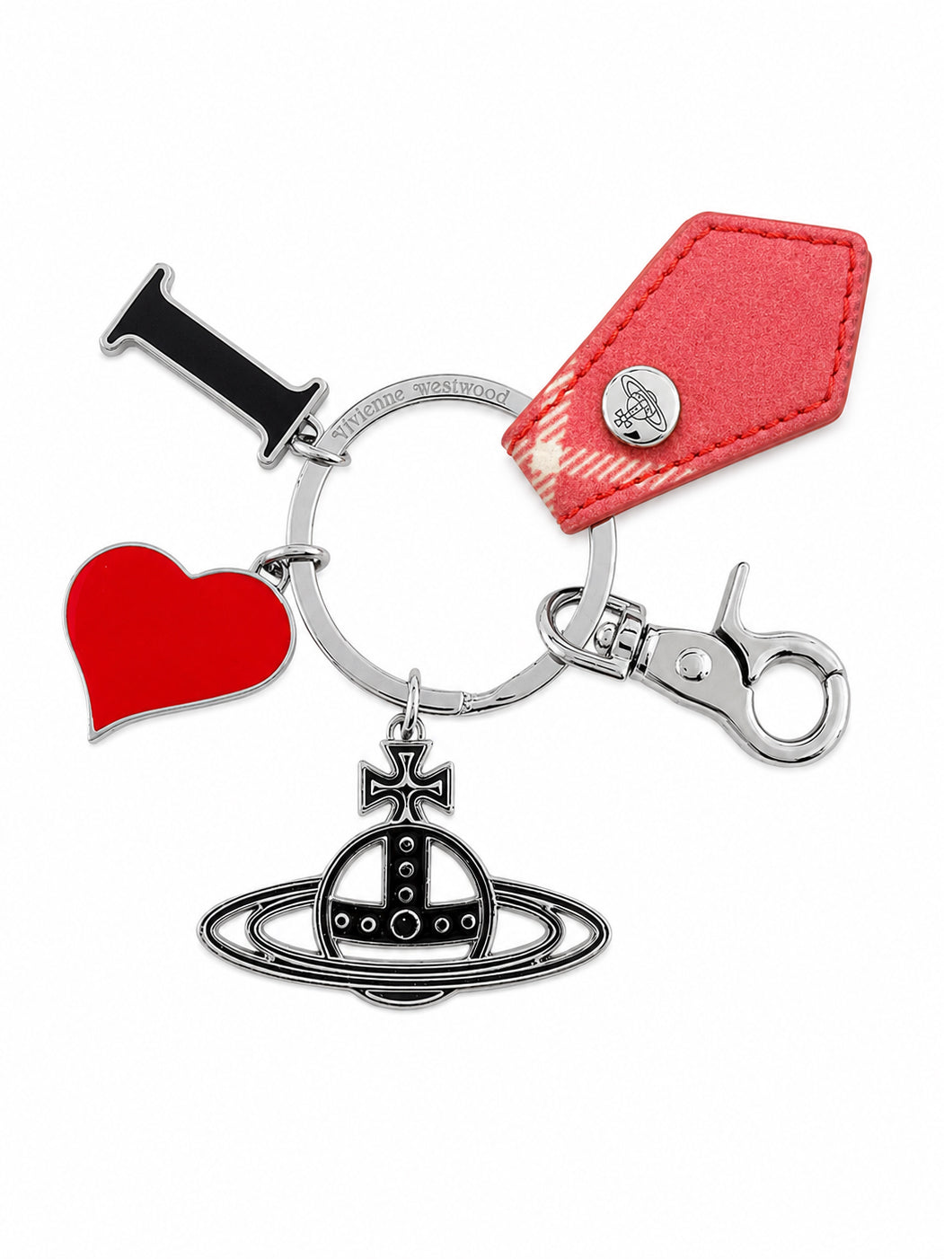 Vivienne Westwood I Love Orb Keyring in Fraser Pink with red heart charm, black enamel I charm, silver-tone orb pendant and pink PU-grain tab
