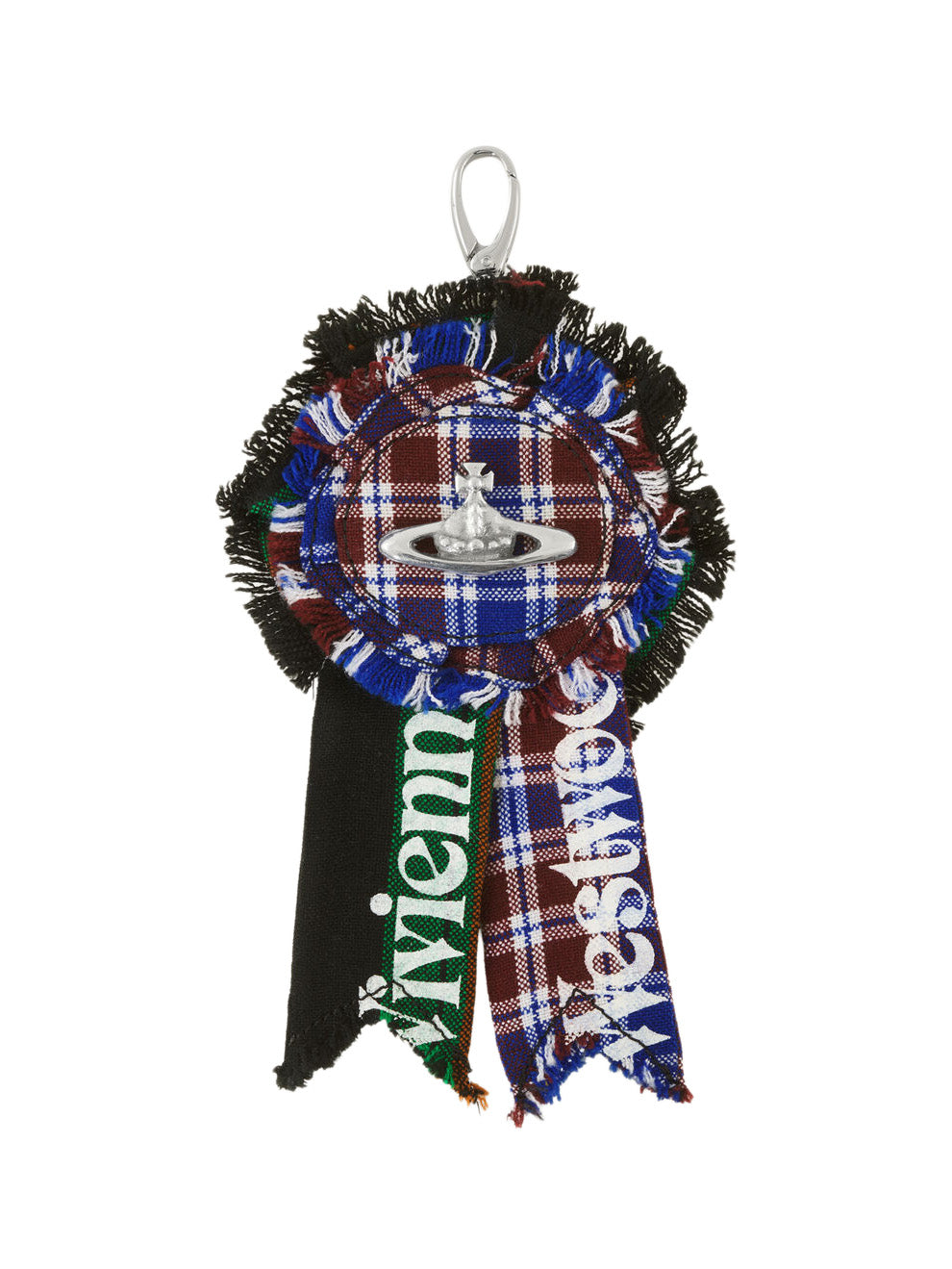 Vivienne Westwood Rosette Charm in Multicolour, a fabric rosette with a sand-cast orb centrepiece and hand-frayed edges, on a white background