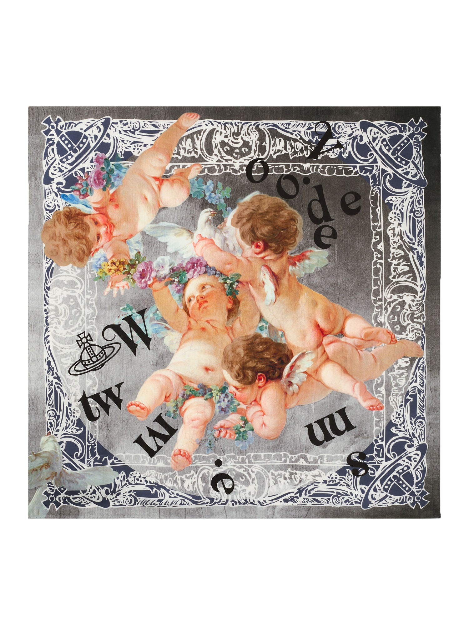Vivienne Westwood Spring Cherub Square in grey with painterly cherub print, ornate border motif, black lettering and signature orb emblems