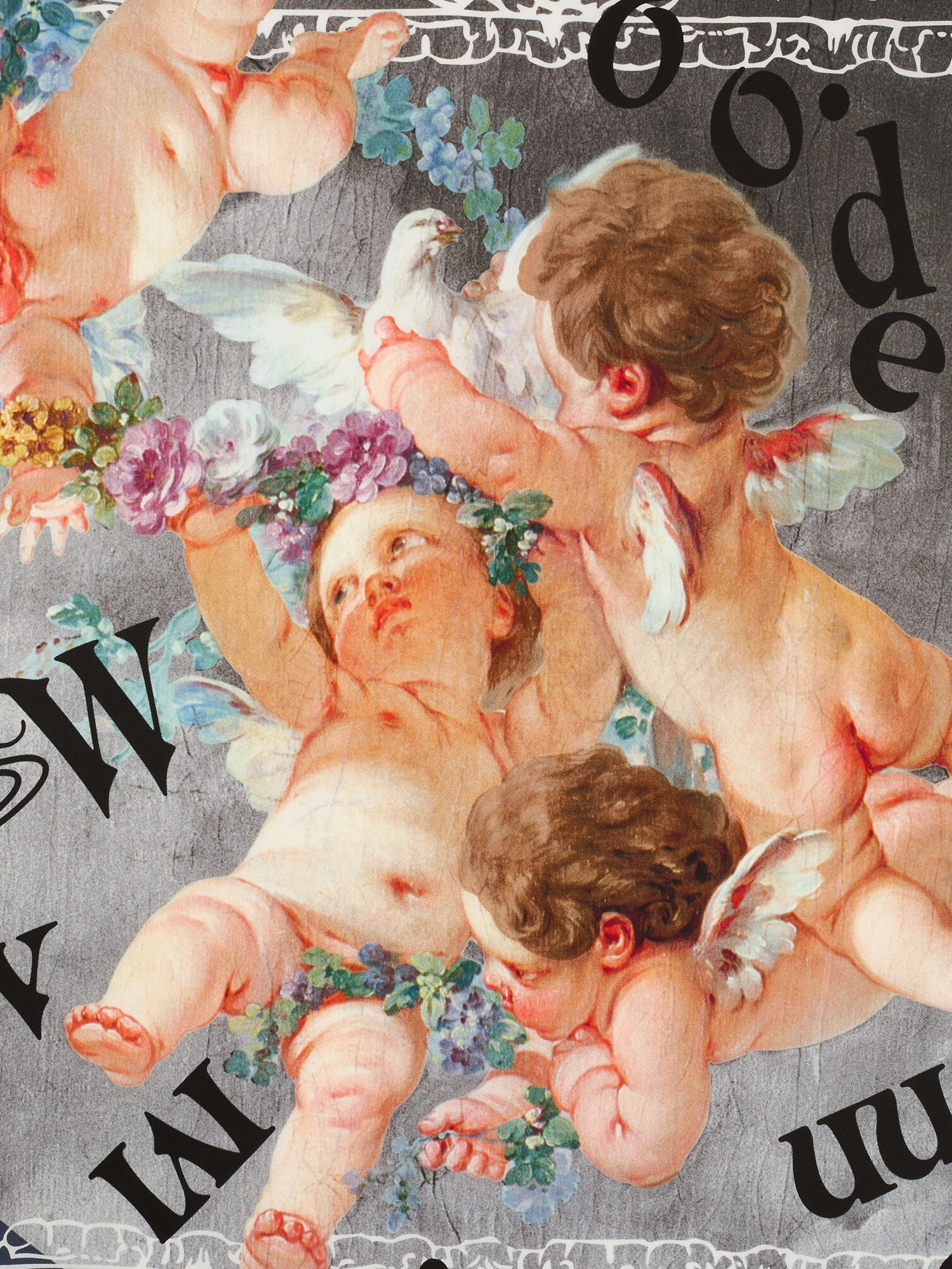Close-up of Vivienne Westwood Spring Cherub Square in grey showing Rococo cherub artwork, scattered black lettering and decorative border design