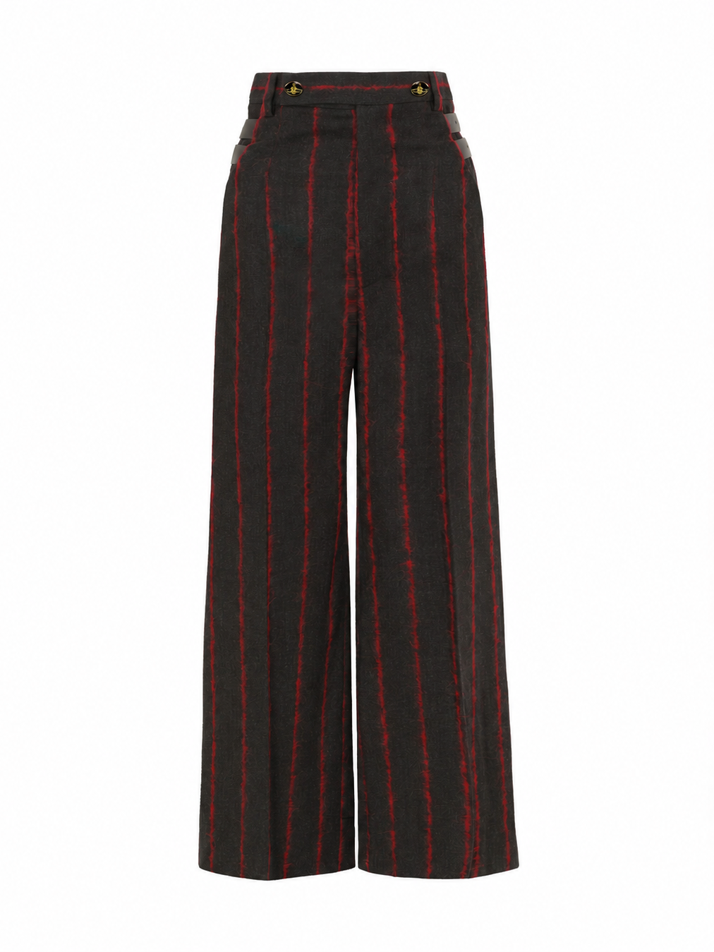 Vivienne Westwood Waisted Lauren Trousers in charcoal grey wool blend with red stripes, high-rise waist and wide-leg silhouette