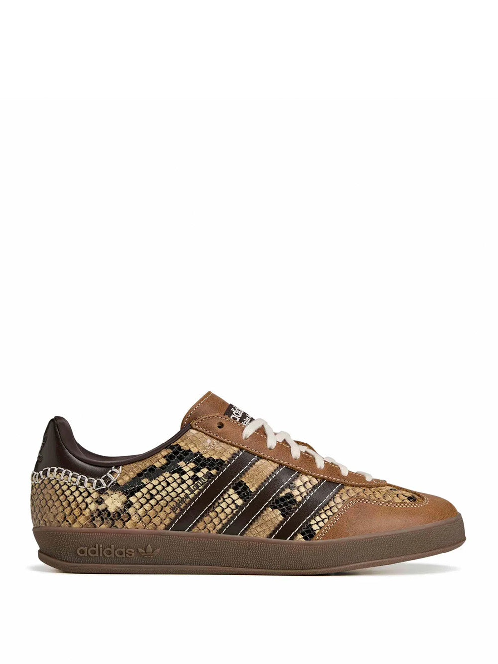 Wales Bonner x Adidas Gazelle Snake in Dust Rust Wonder White Collegiate Burgundy rust snake-embossed leather sneaker with three-stripe detail, side profile – Wales Bonner x Adidas SS26