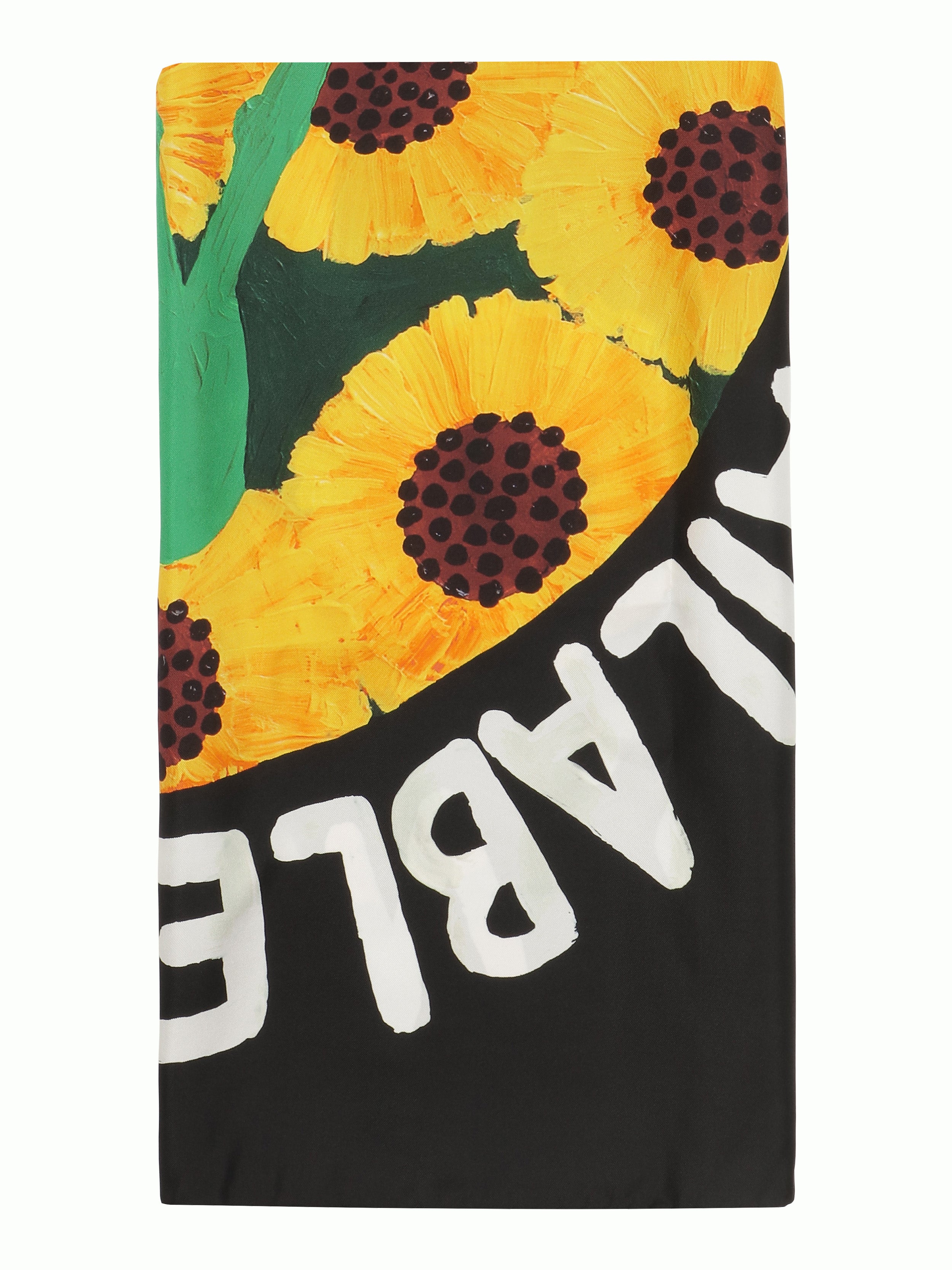 Black scarf with sunflower illustration from Walter Van Beirendonck, folded in half.