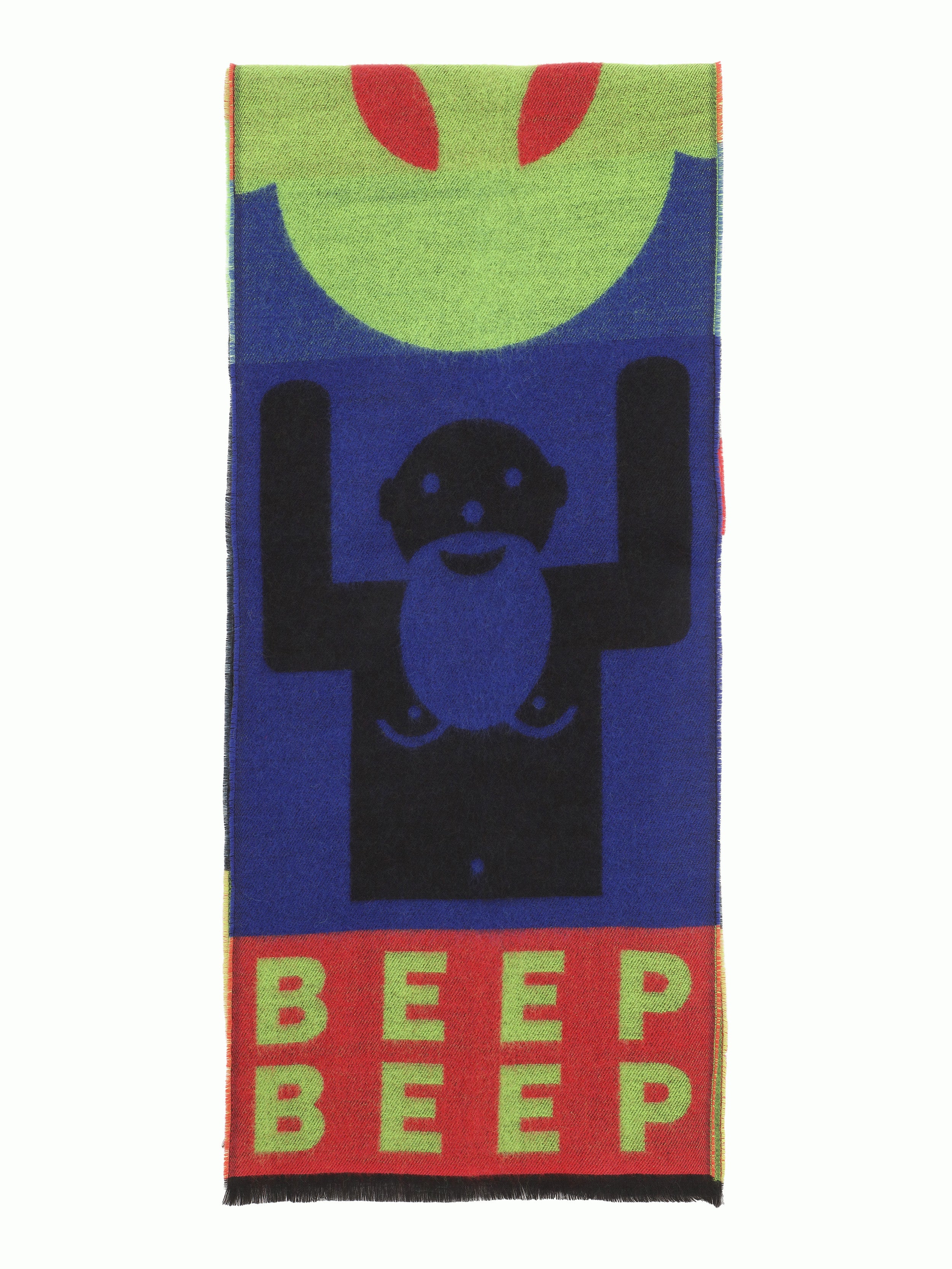 Red and multicolour abstract scarf from Walter Van Beirendonck, folded in half.