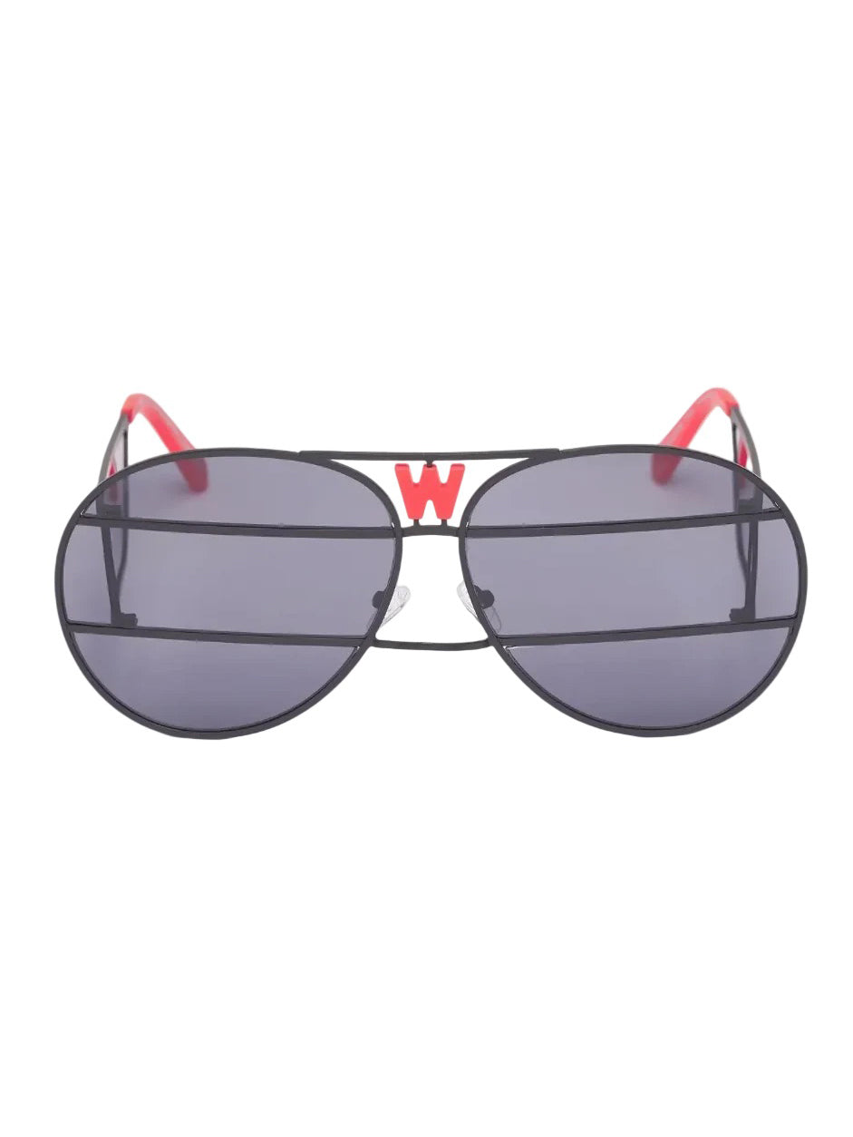 Walter Van Beirendonck x Komono Brutal Pilot Sunglasses in black and red with oversized aviator frame, striped lenses and red W bridge logo