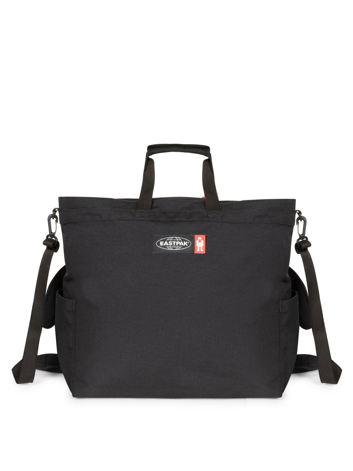 Rear view of Walter Van Beirendonck x Eastpak Walter Carry Bag in Black with top handles, shoulder strap and collaboration logo