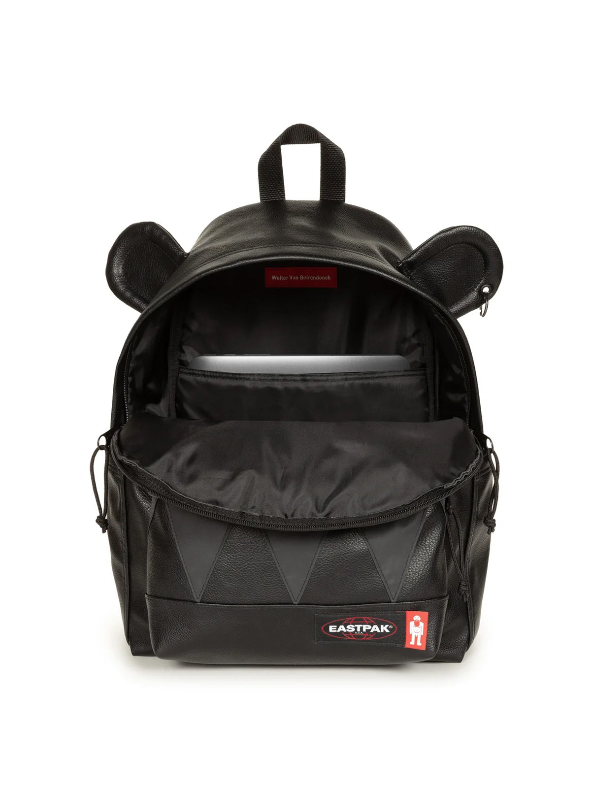 Walter Van Beirendonck Walter Pak'r in Black Faux Leather, open front view showing the zip compartment and black interior.