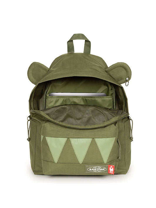Open Walter Van Beirendonck x Eastpak Walter Pak'r backpack in khaki showing front compartment and internal laptop sleeve.