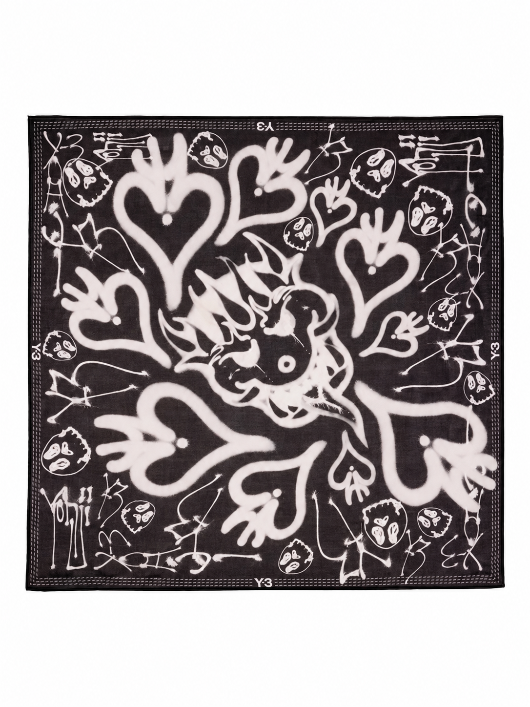 Y-3 Chito Bandana in Black / Multicolor, square black and white bandana with all-over Chito heart, hand and character artwork