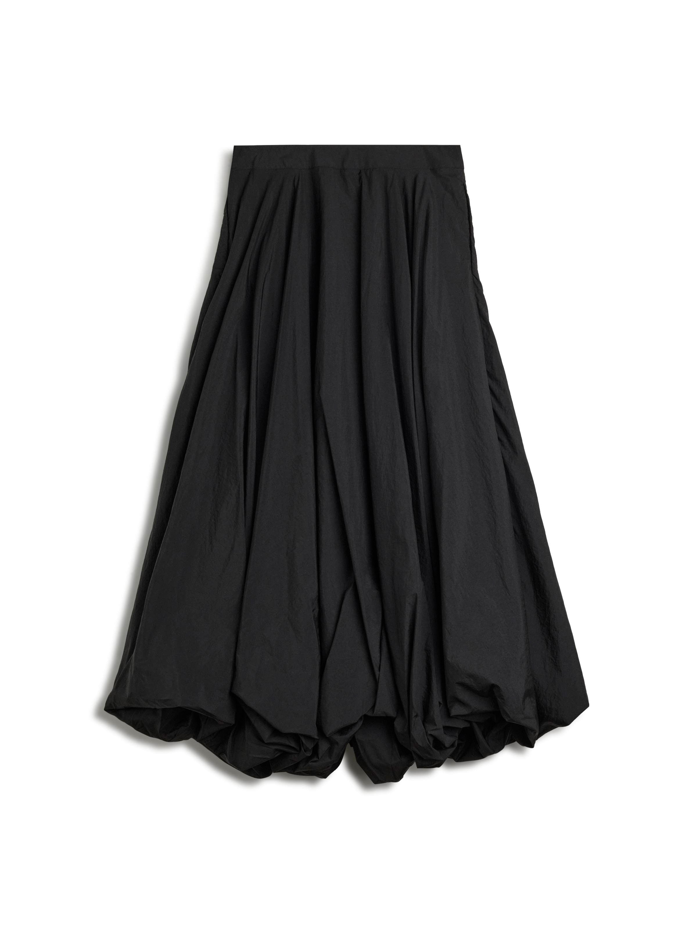 Y-3 Gradient 3-Stripes Balloon Skirt in Black, front view, voluminous gathered balloon shape, iridescent taffeta fabric, gradient black to navy 3-Stripes detail, elasticated waistband