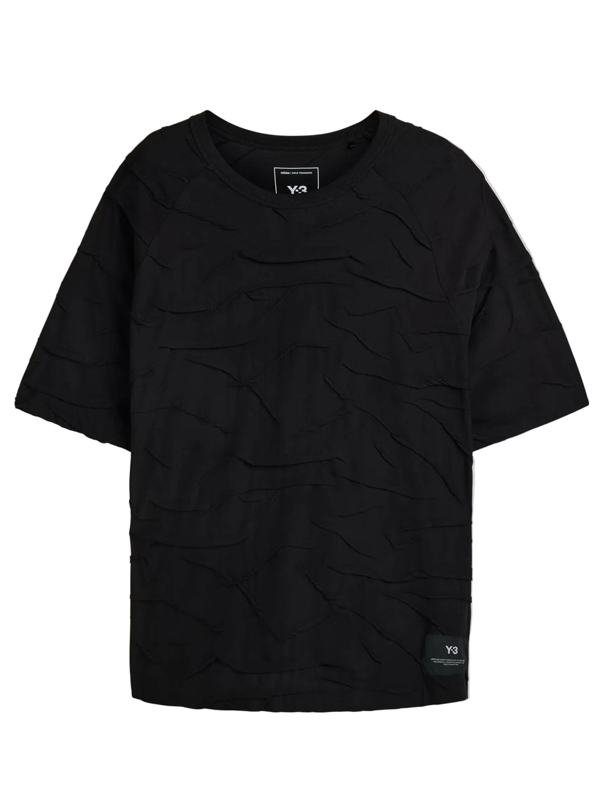 Y-3 Pleated Short Sleeve Tee in black with textured jacquard pleating, round neckline, short sleeves and Y-3 logo detail at the hem.