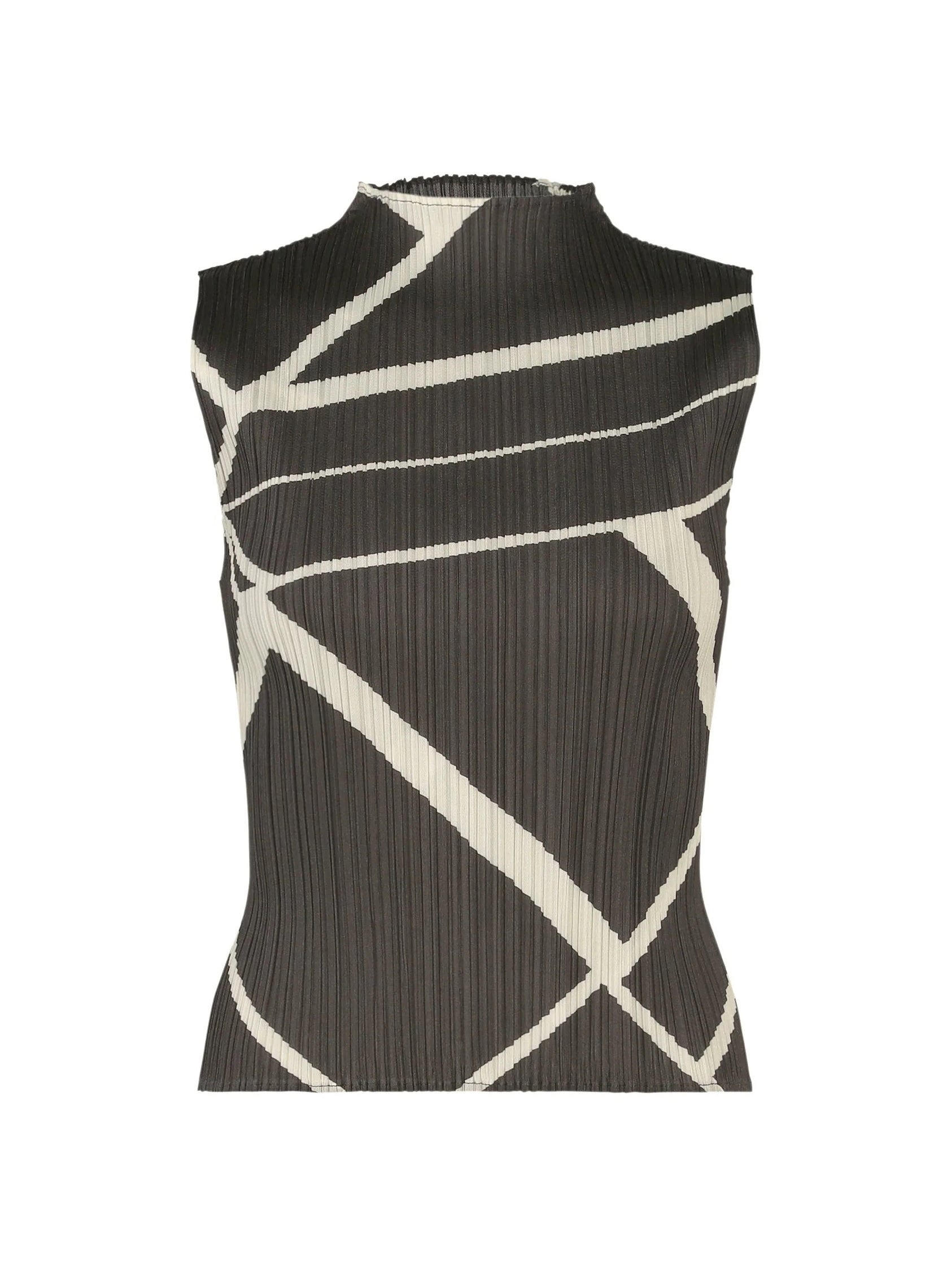 Pleats Please Issey Miyake Fold Line Shirt in Charcoal, sleeveless pleated top with mock neckline and geometric cream line pattern