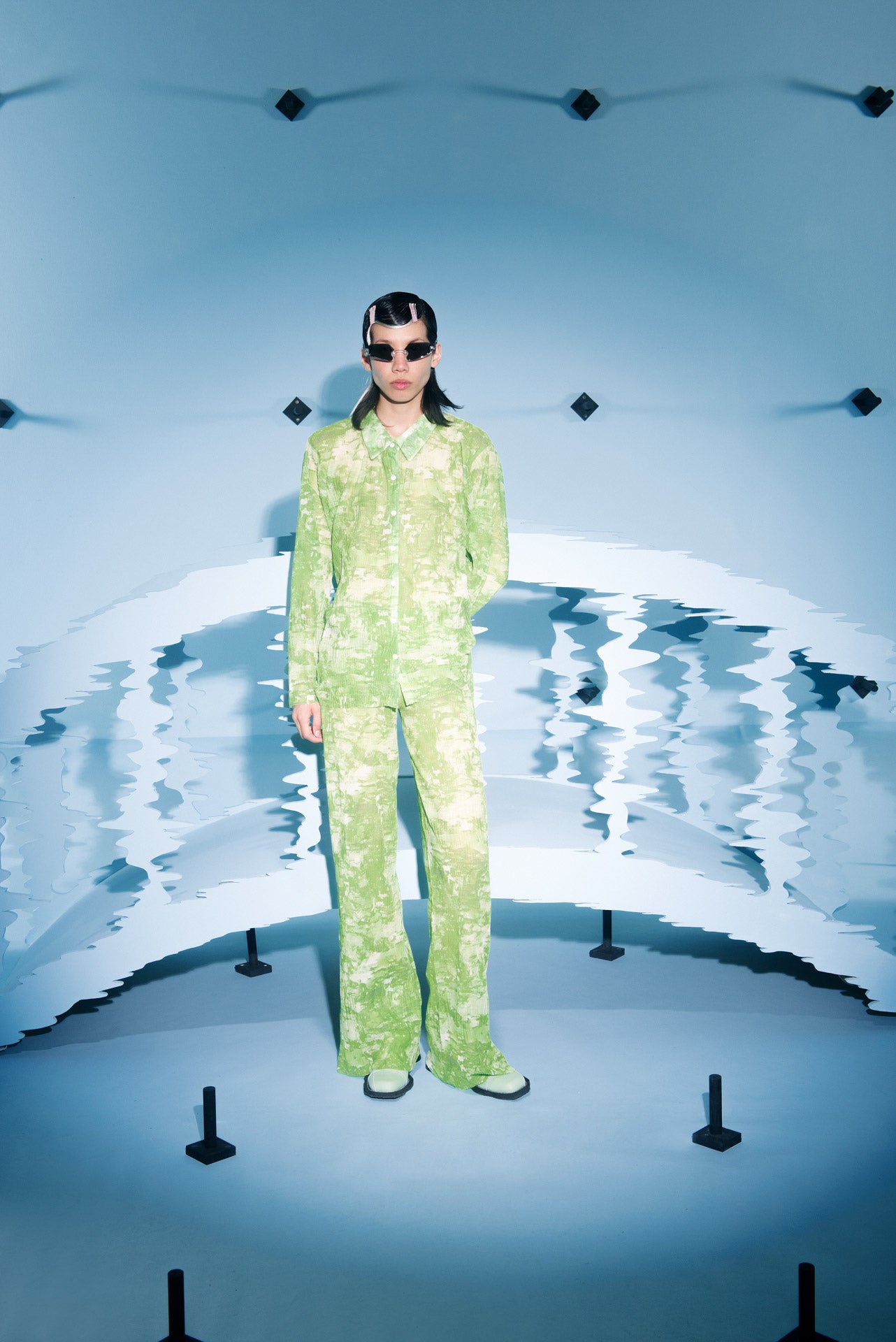 Henrik Vibskov shirt - Short Mesh Plissé Shirt in green riddle print